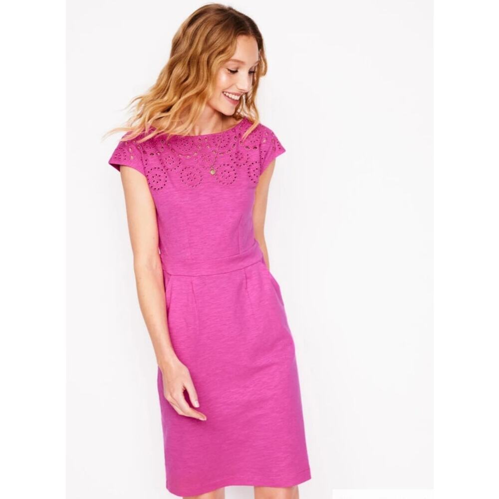 Boden Florrie Broderie Dress Pink Eyelet Sheath Midi Pockets UK 8L US 4L